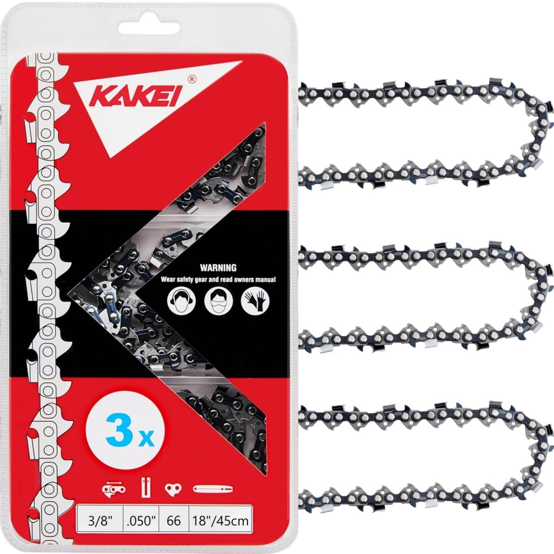 18" 3/8" .050" 66DL Full Chisel Chain, 3-Pack